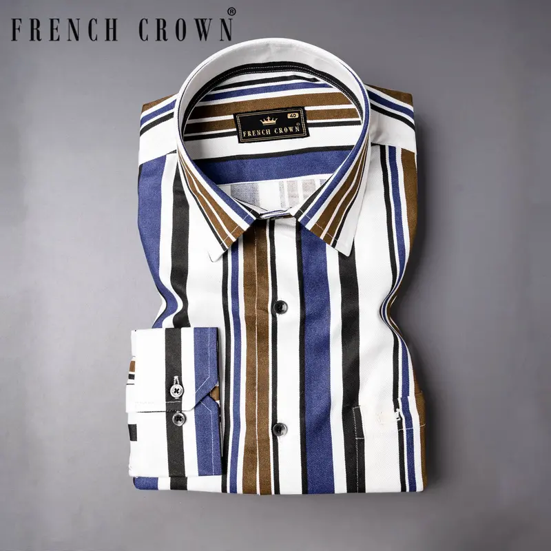 Bright White With Multicolour Stripes Premium Tencel Shirt 7