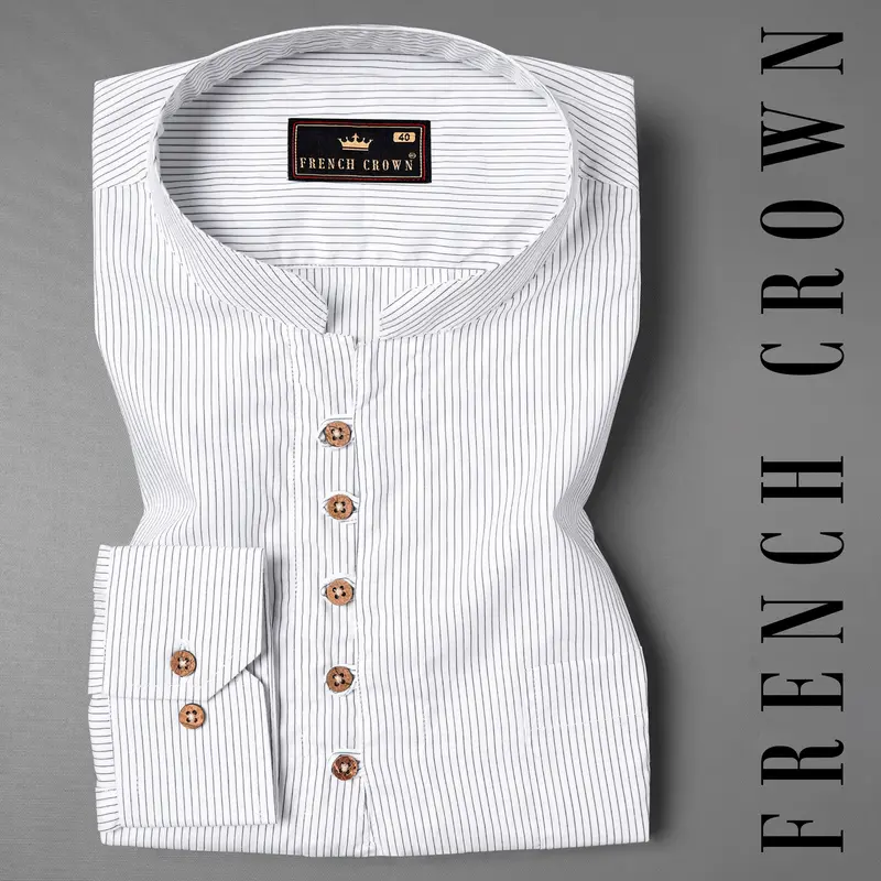 Bright White With Navy Striped Premium Cotton Kurta Shirt 1
