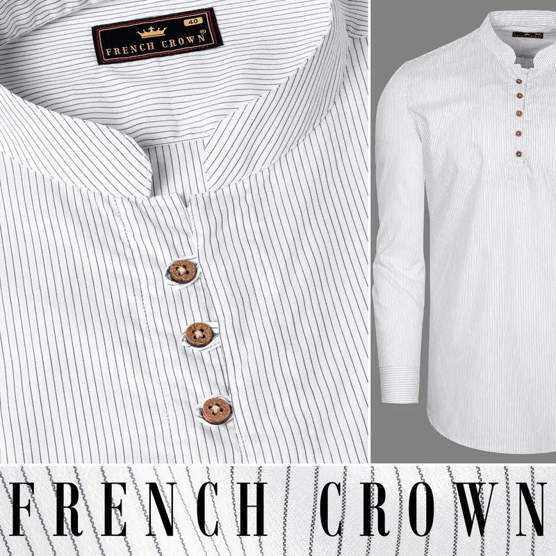 Bright White With Navy Striped Premium Cotton Kurta Shirt 10