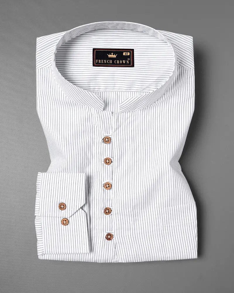 Bright White With Navy Striped Premium Cotton Kurta Shirt 2