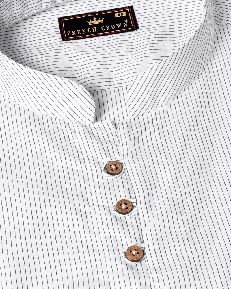 Bright White With Navy Striped Premium Cotton Kurta Shirt 4