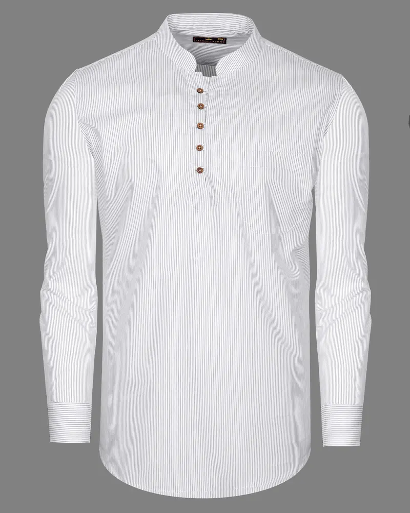 Bright White With Navy Striped Premium Cotton Kurta Shirt 6