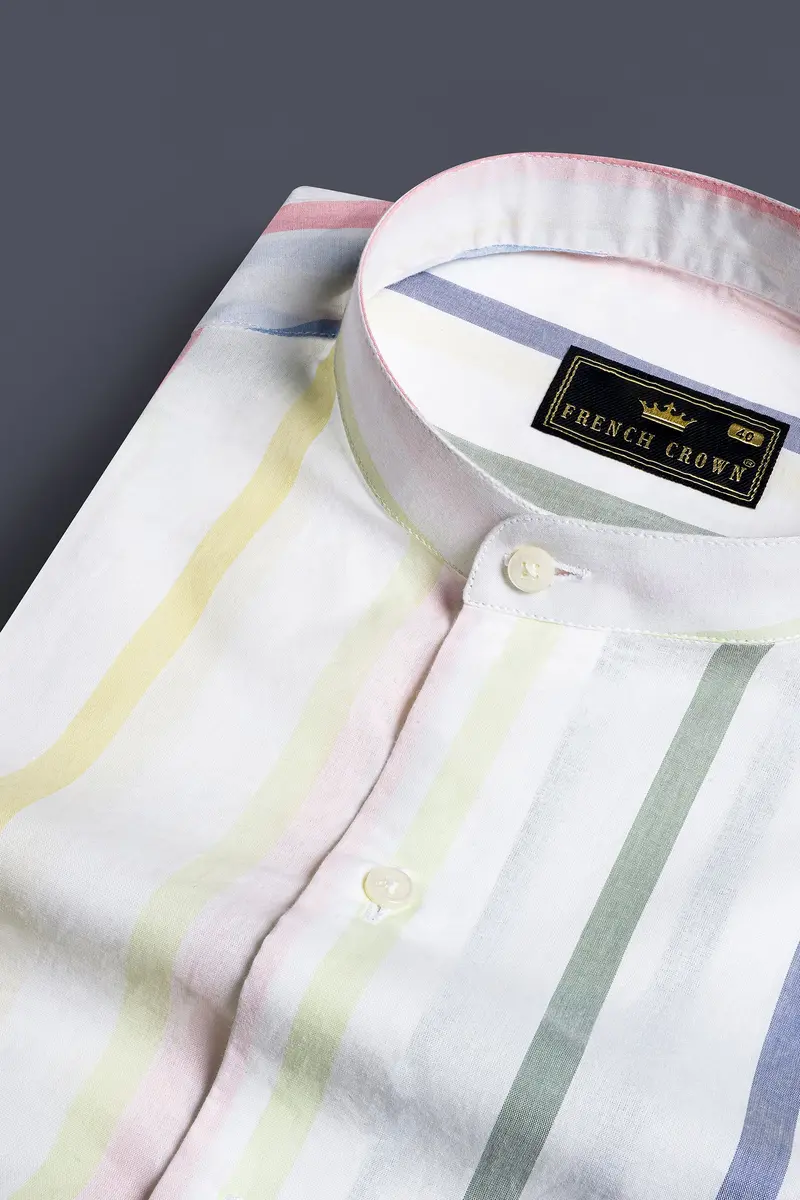 Bright White With Nevada Green And Yonder Blue Multicolour Striped Premium Cotton Shirt 1