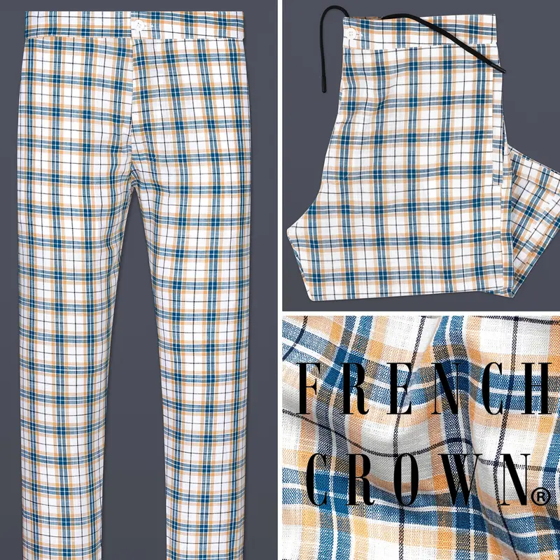 Bright White With Ocean Blue Plaid Luxurious Linen Lounge Pant 1