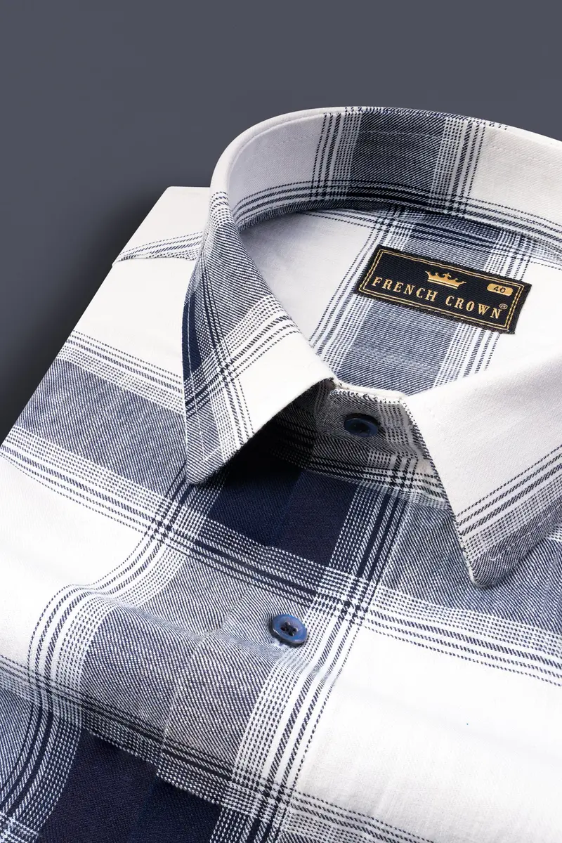Bright White With Onyx Blue Plaid Twill Premium Cotton Shirt 1