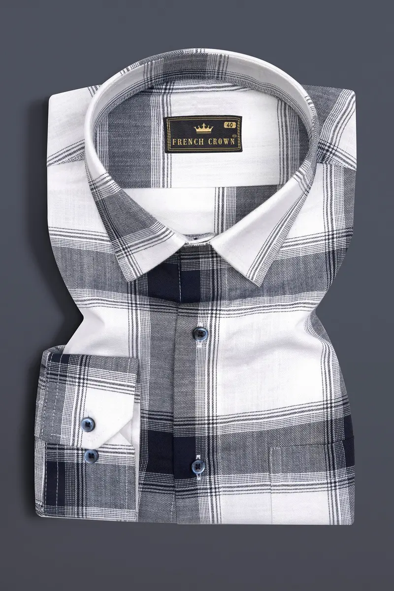 Bright White With Onyx Blue Plaid Twill Premium Cotton Shirt 3