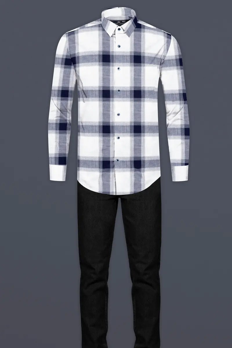 Bright White With Onyx Blue Plaid Twill Premium Cotton Shirt 6