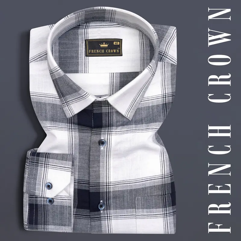 Bright White With Onyx Blue Plaid Twill Premium Cotton Shirt 7