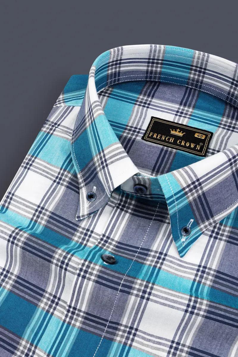 Bright White With Orient And Cloud Burst Blue Plaid Premium Cotton Shirt 1