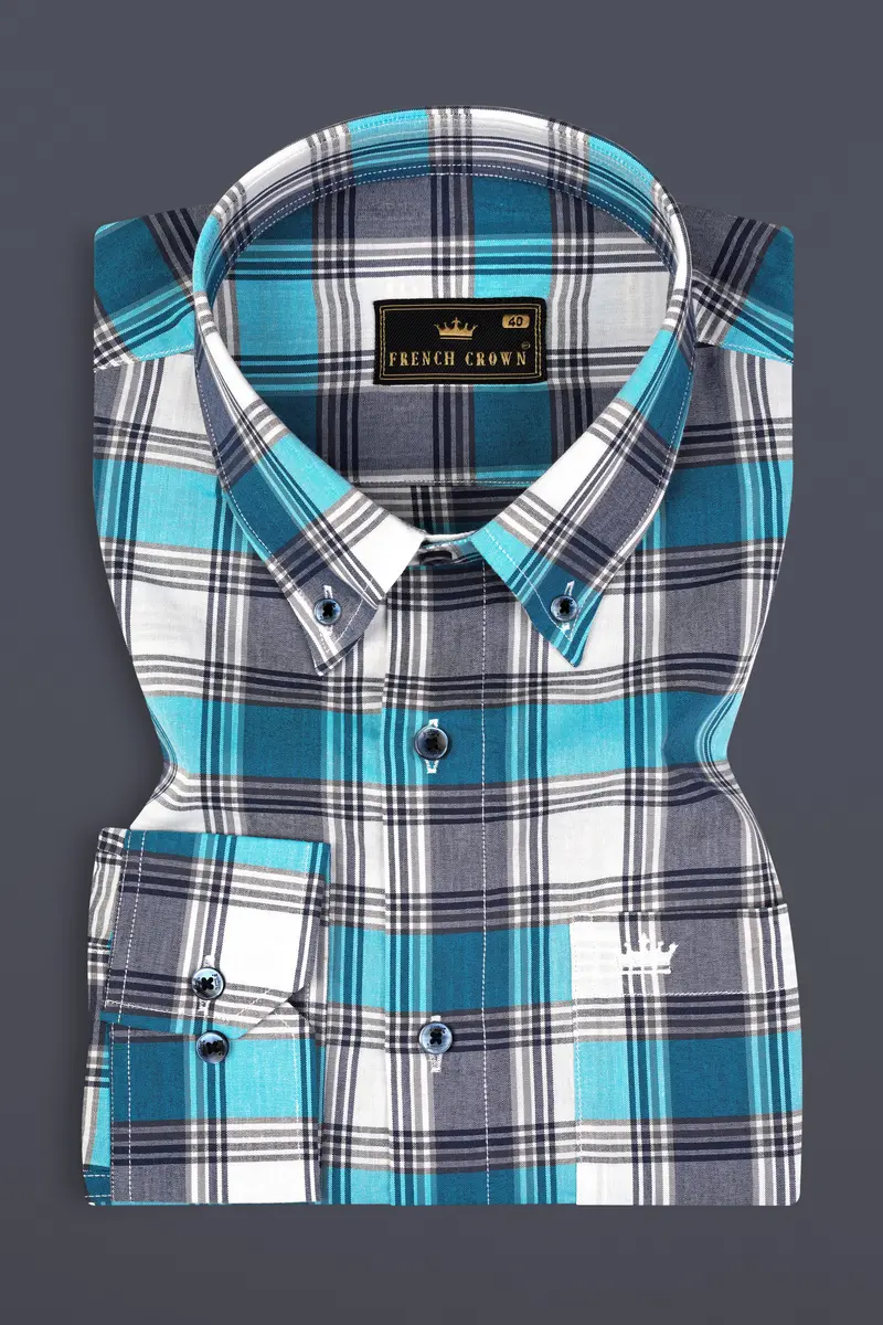 Bright White With Orient And Cloud Burst Blue Plaid Premium Cotton Shirt 3