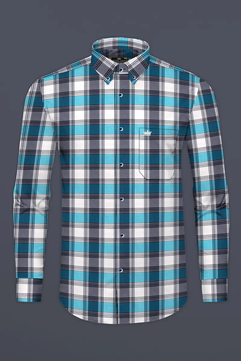 Bright White With Orient And Cloud Burst Blue Plaid Premium Cotton Shirt 4