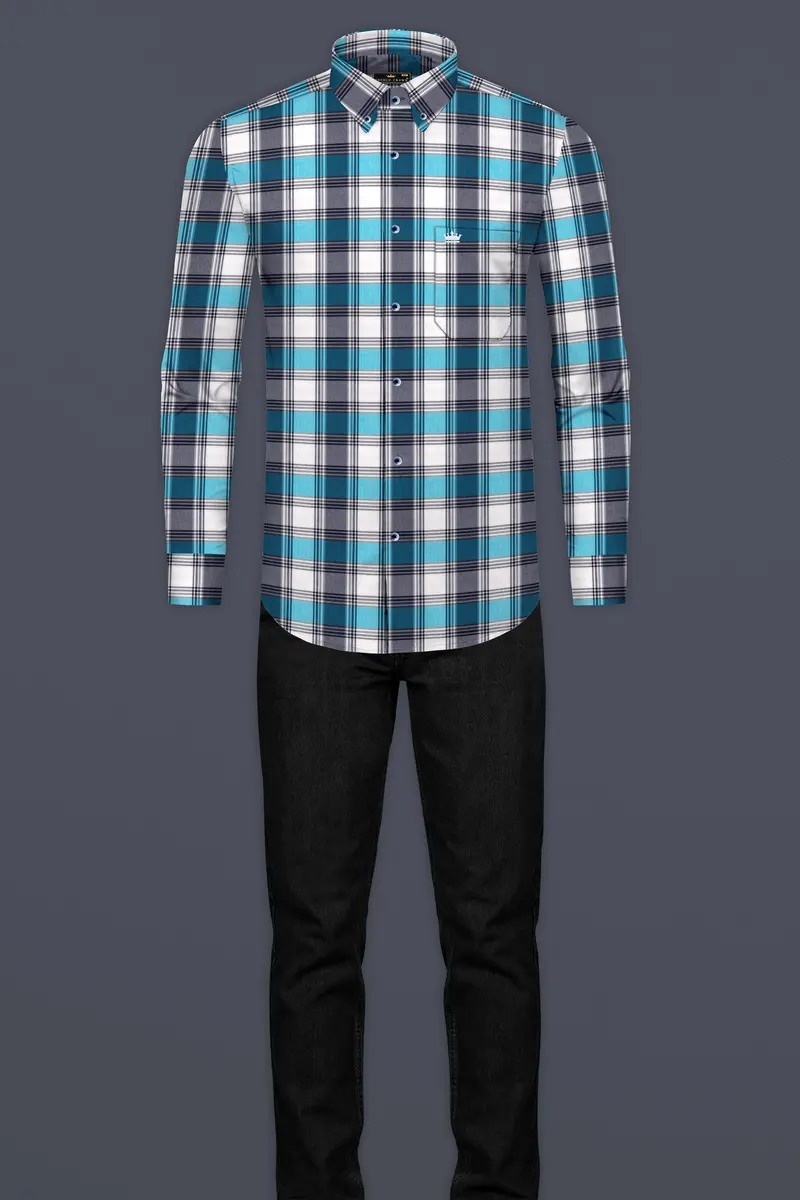 Bright White With Orient And Cloud Burst Blue Plaid Premium Cotton Shirt 6