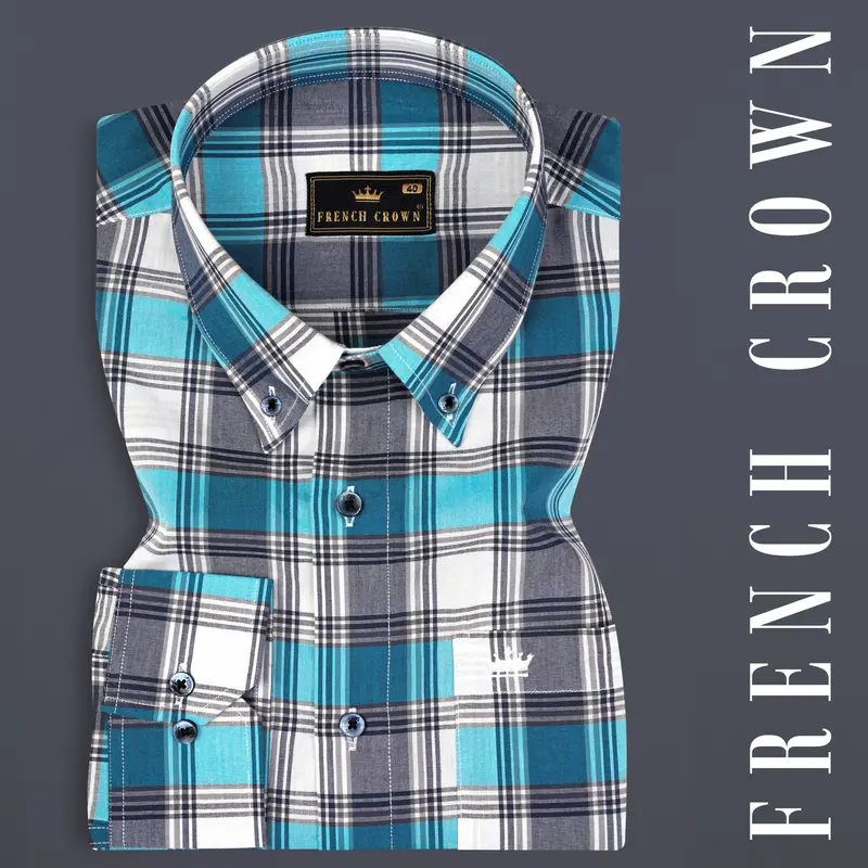Bright White With Orient And Cloud Burst Blue Plaid Premium Cotton Shirt 7