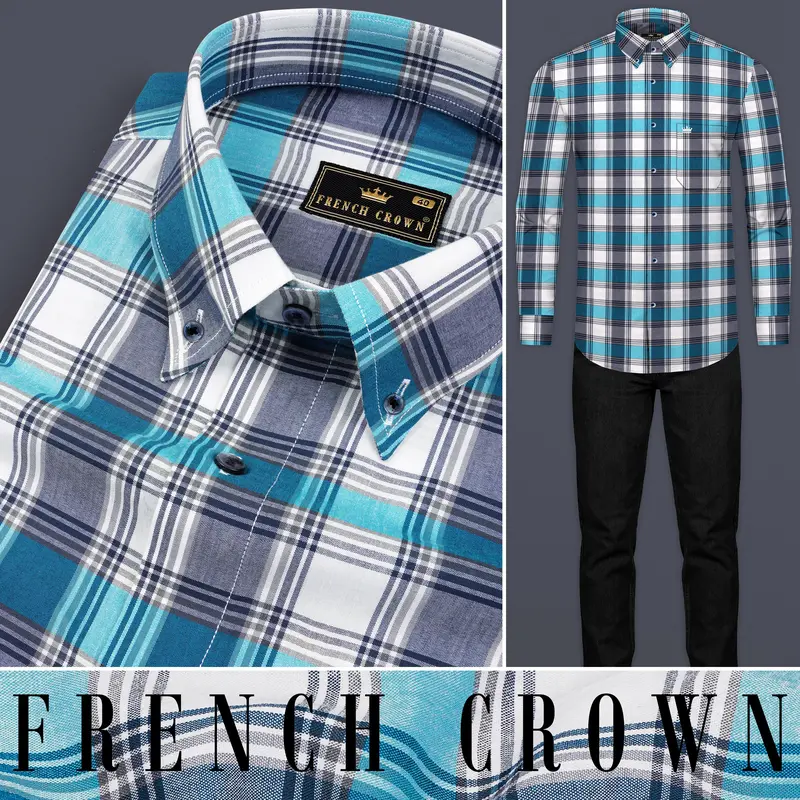 Bright White With Orient And Cloud Burst Blue Plaid Premium Cotton Shirt 8