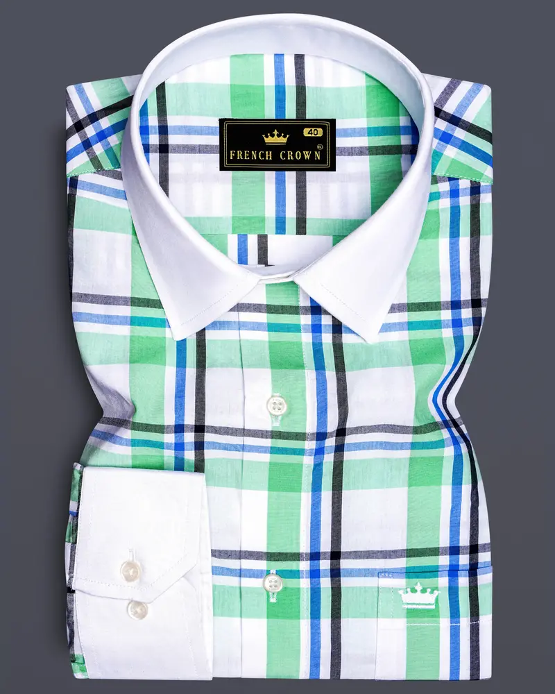 Bright White With Oxley Green And Black Windowpane Premium Cotton Shirt 1