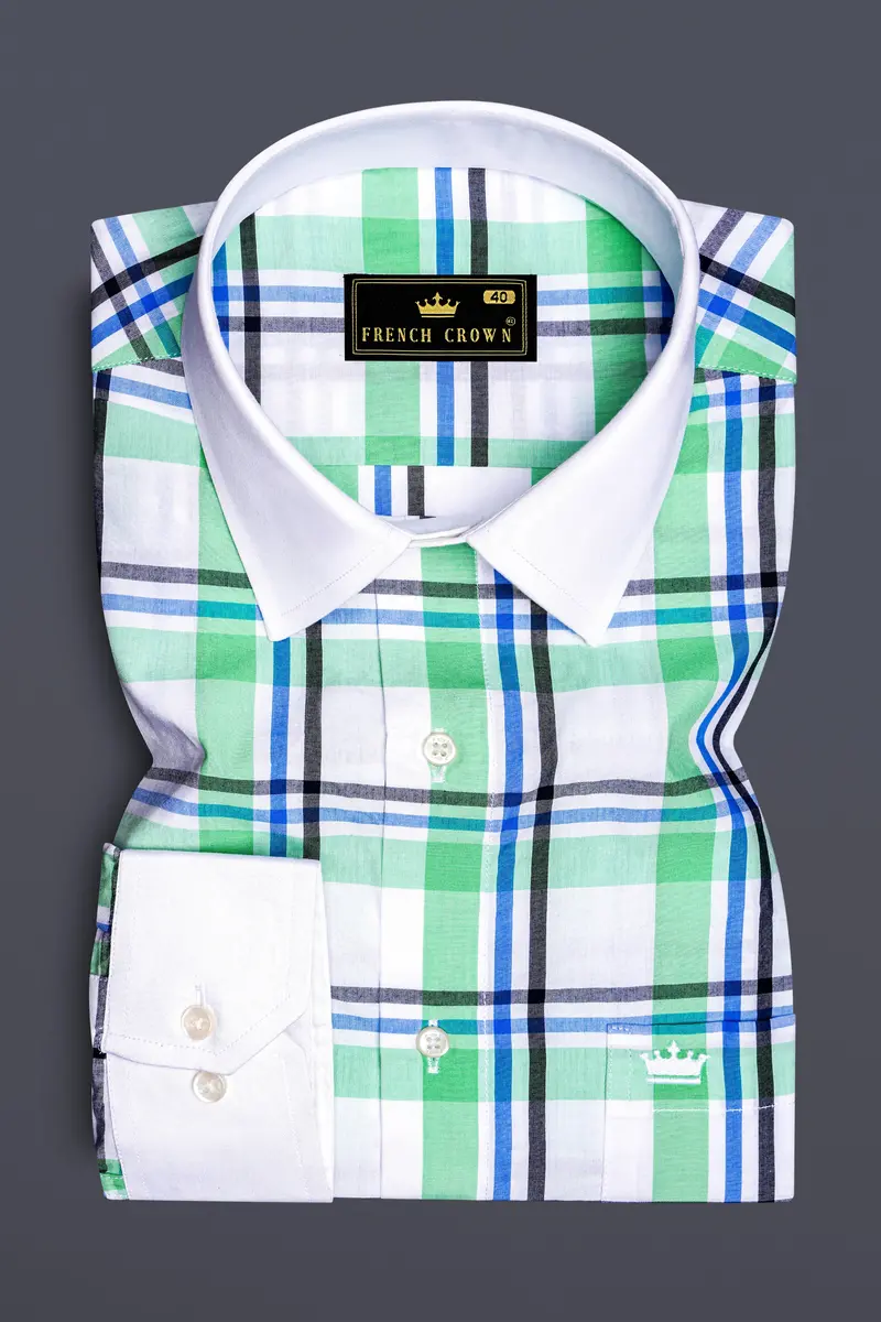 Bright White With Oxley Green And Black Windowpane Premium Cotton Shirt 2