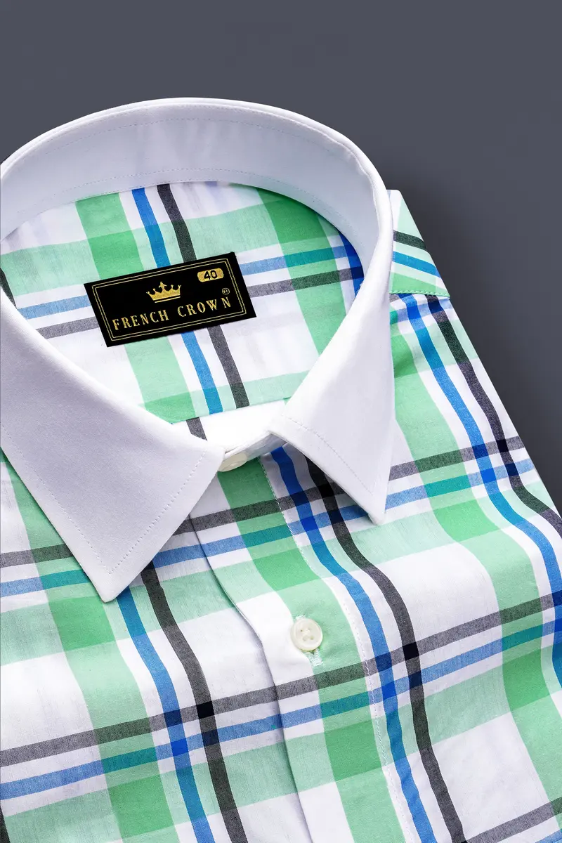 Bright White With Oxley Green And Black Windowpane Premium Cotton Shirt 4
