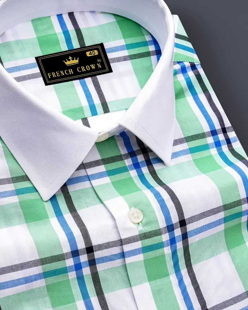 Bright White With Oxley Green And Black Windowpane Premium Cotton Shirt 6