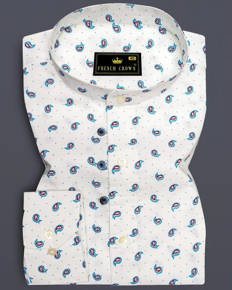 Bright White With Paisley Textured Luxurious Linen Shirt 1