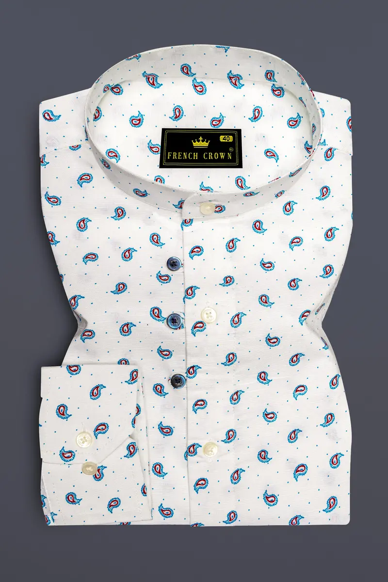Bright White With Paisley Textured Luxurious Linen Shirt 2