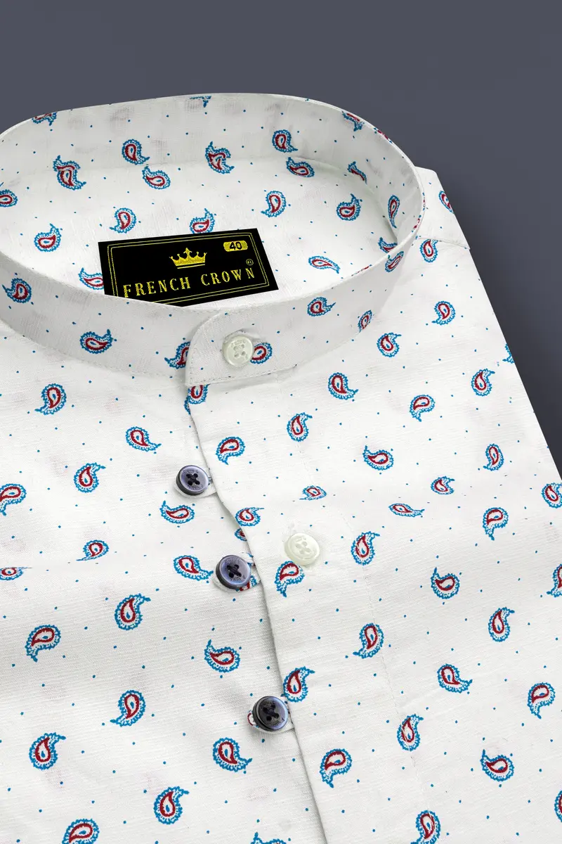 Bright White With Paisley Textured Luxurious Linen Shirt 4