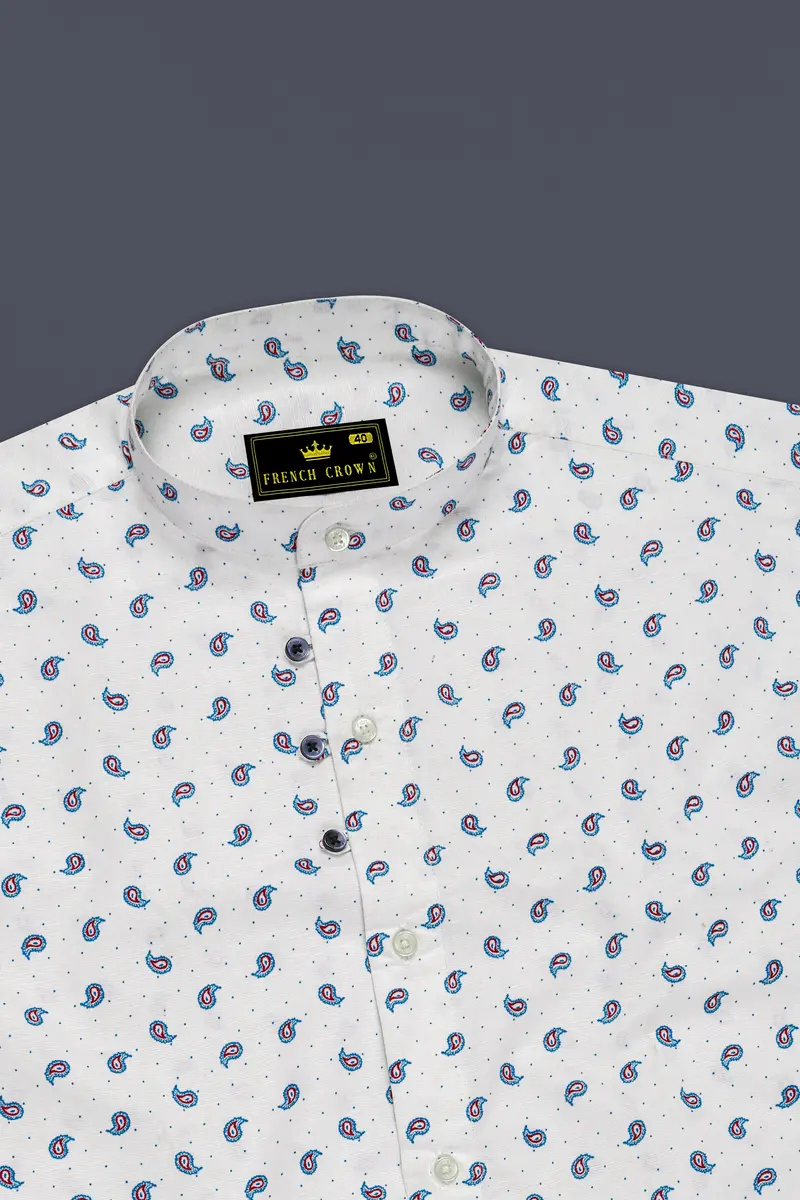 Bright White With Paisley Textured Luxurious Linen Shirt 5