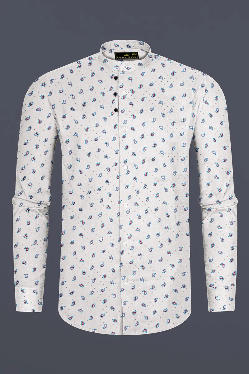 Bright White With Paisley Textured Luxurious Linen Shirt 6
