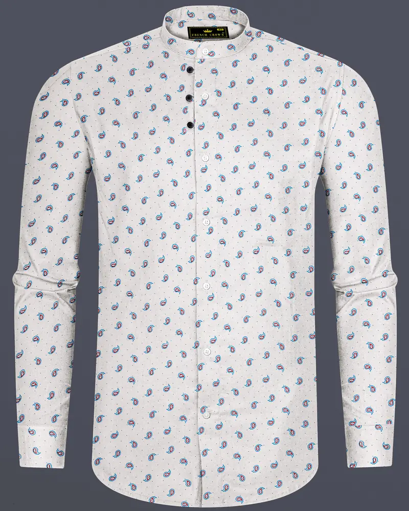 Bright White With Paisley Textured Luxurious Linen Shirt 8