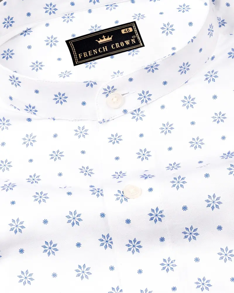 Bright White With Pale Cerulean Blue Floral Printed Premium Cotton Shirt 1