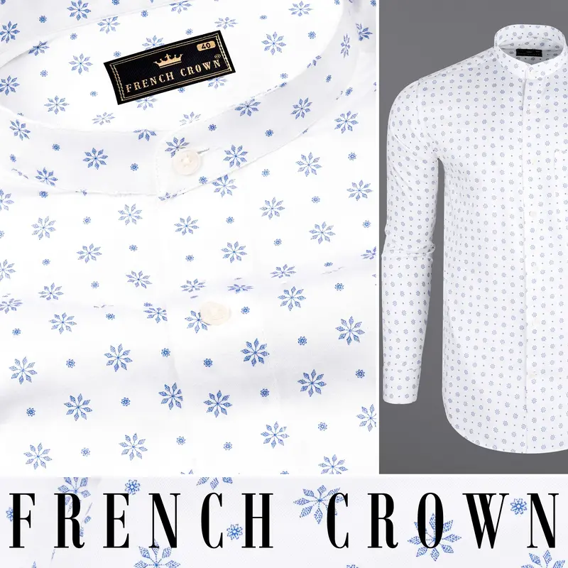 Bright White With Pale Cerulean Blue Floral Printed Premium Cotton Shirt 10