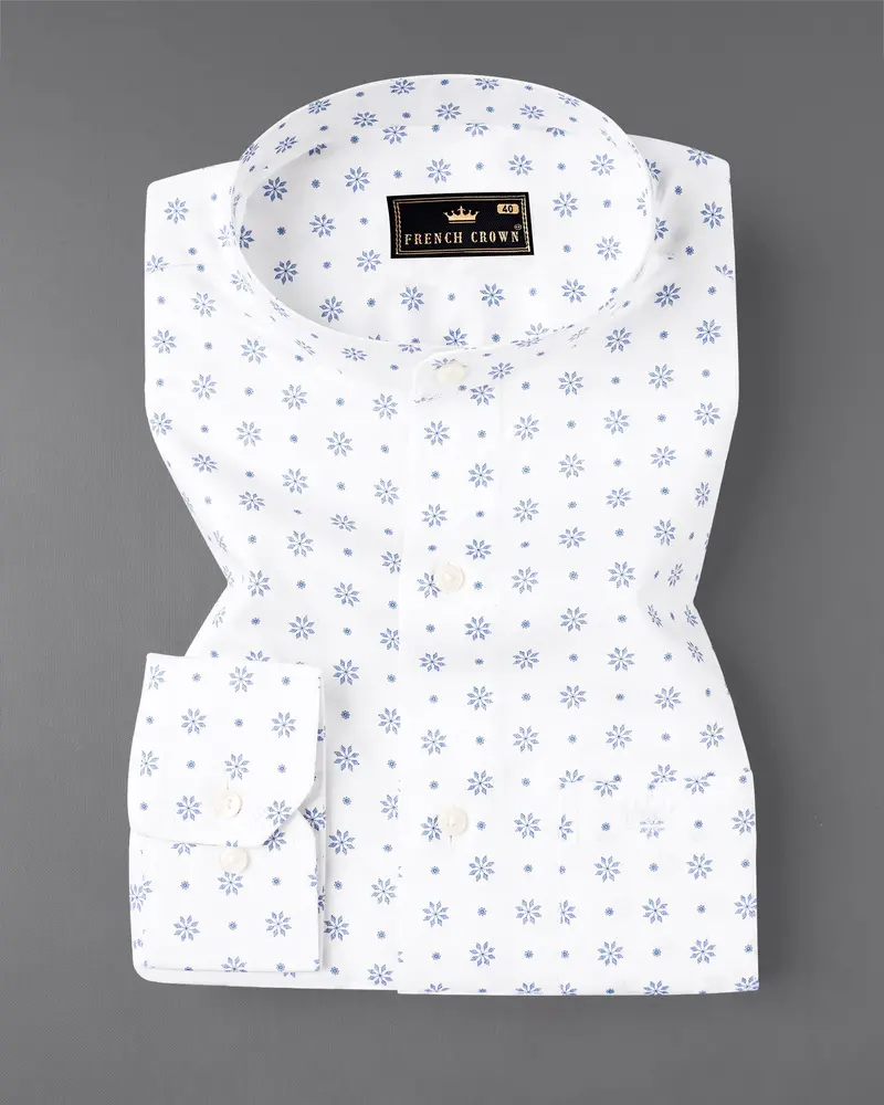 Bright White With Pale Cerulean Blue Floral Printed Premium Cotton Shirt 3