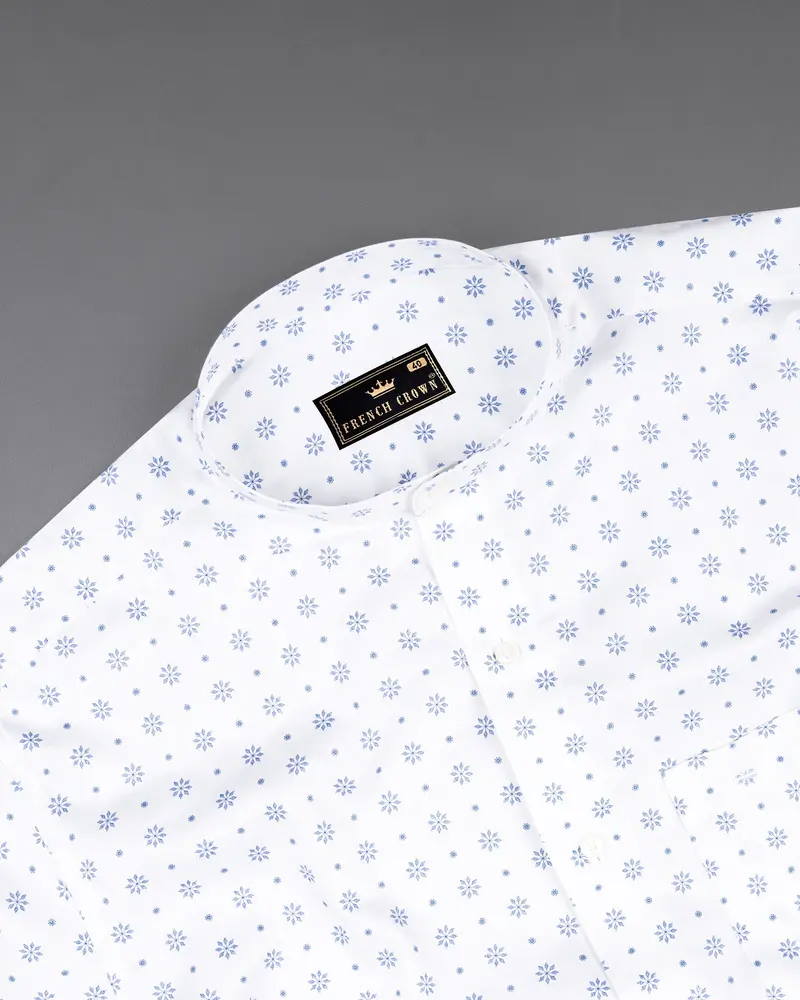 Bright White With Pale Cerulean Blue Floral Printed Premium Cotton Shirt 4