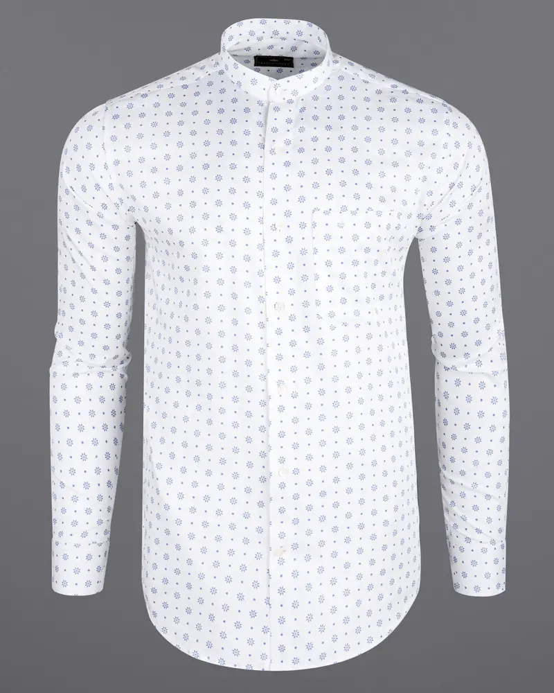 Bright White With Pale Cerulean Blue Floral Printed Premium Cotton Shirt 5