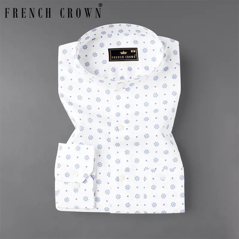 Bright White With Pale Cerulean Blue Floral Printed Premium Cotton Shirt 7