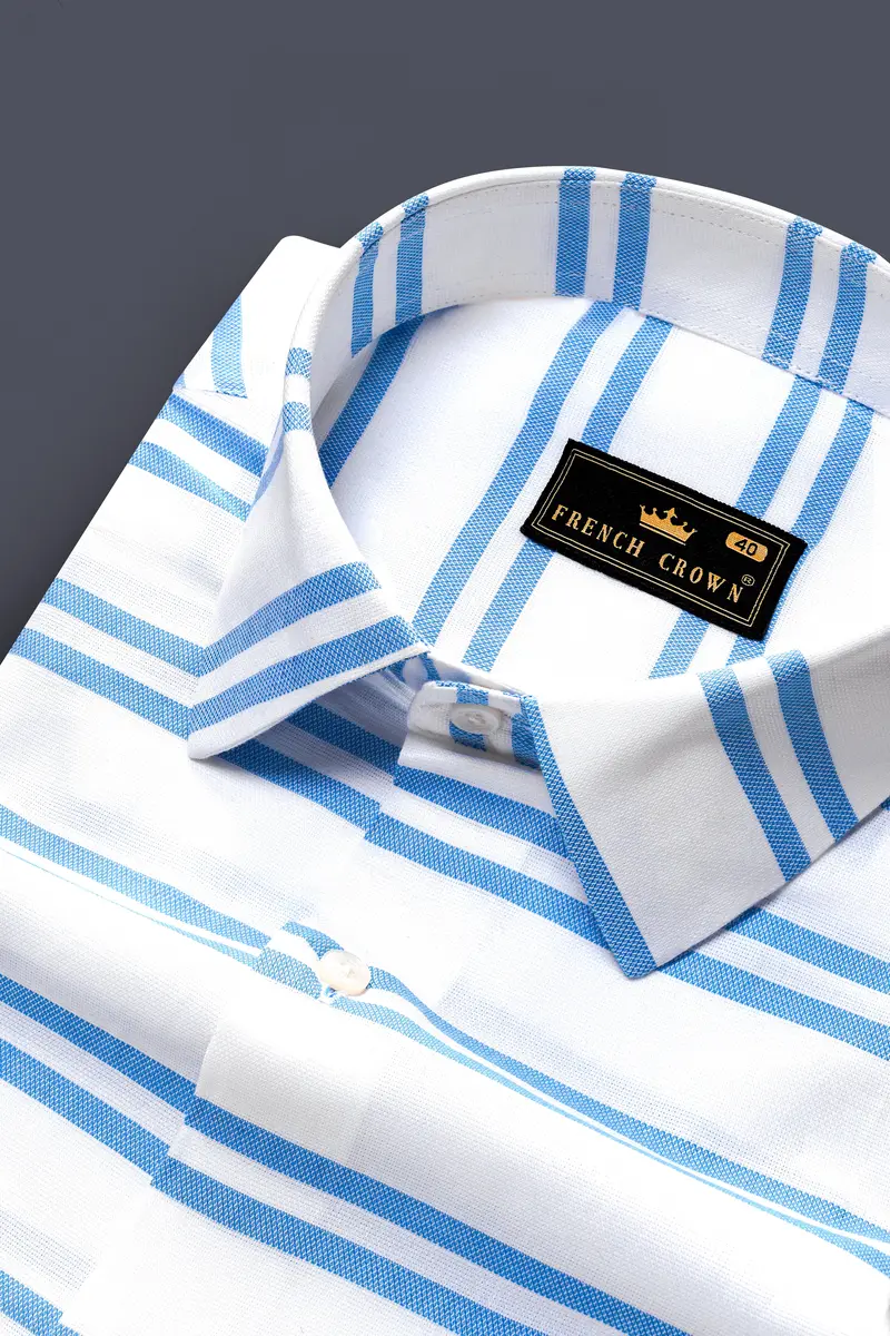Bright White With Pale Cornflower Blue Striped Dobby Textured Premium Giza Cotton Shirt 1