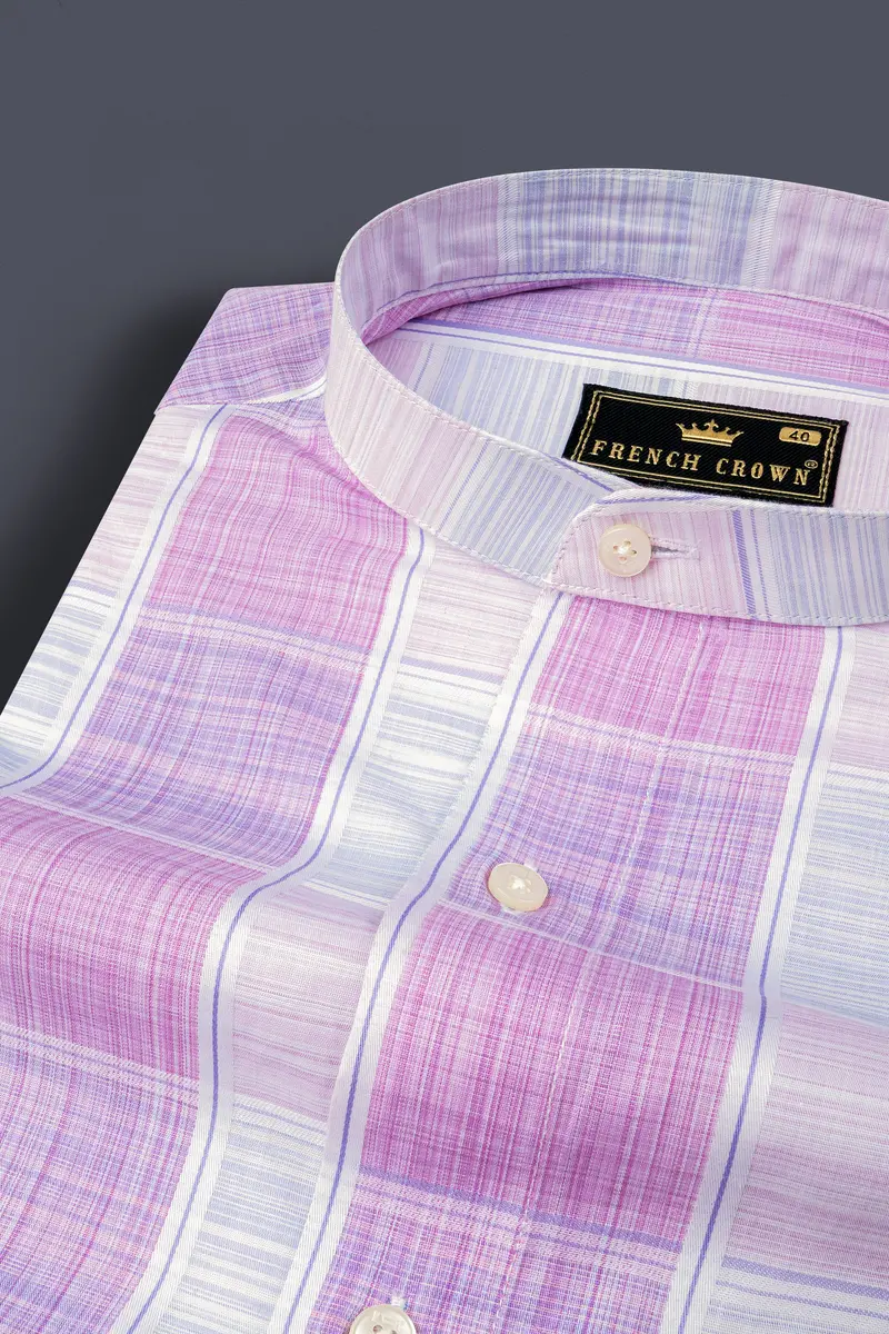 Bright White With Pale Magenta Windowpane Premium Cotton Shirt 1