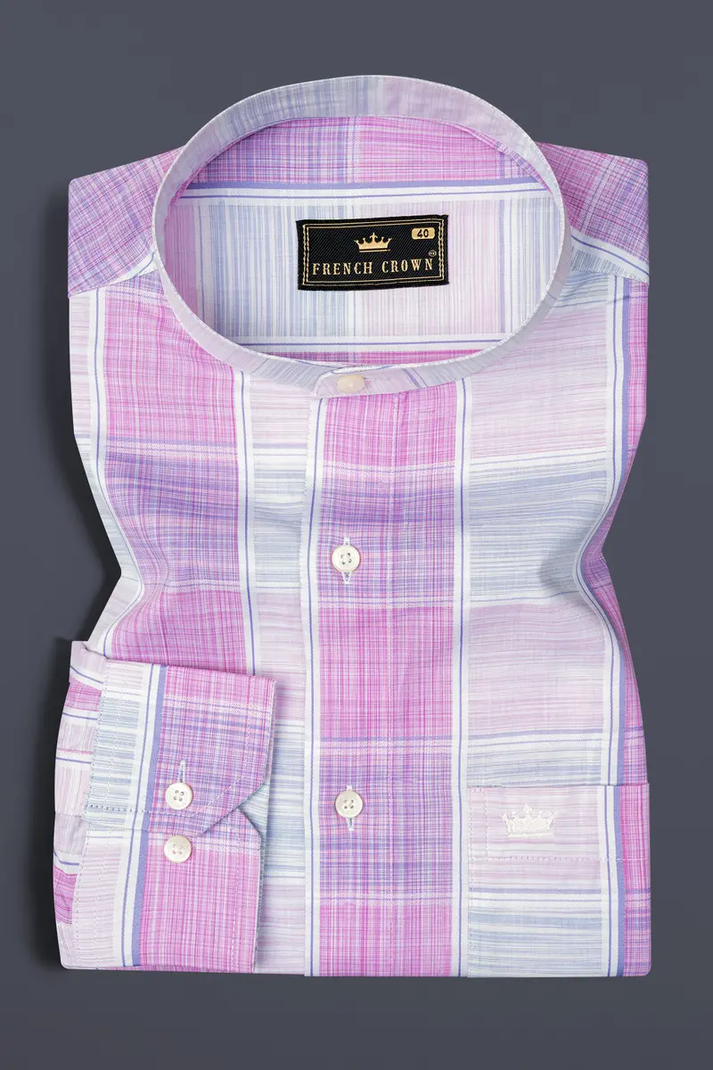 Bright White With Pale Magenta Windowpane Premium Cotton Shirt 3