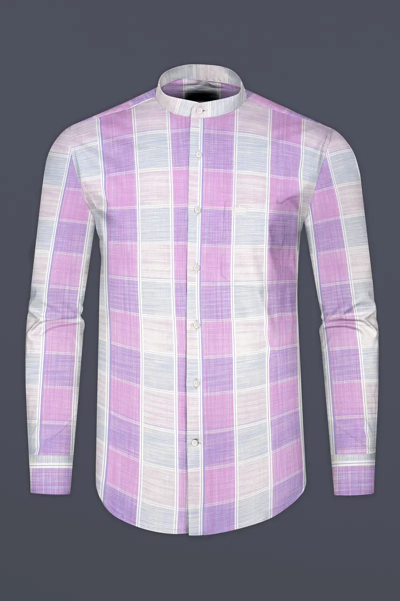 Bright White With Pale Magenta Windowpane Premium Cotton Shirt 4