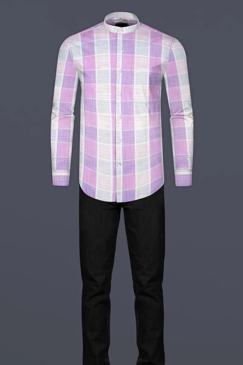 Bright White With Pale Magenta Windowpane Premium Cotton Shirt 6