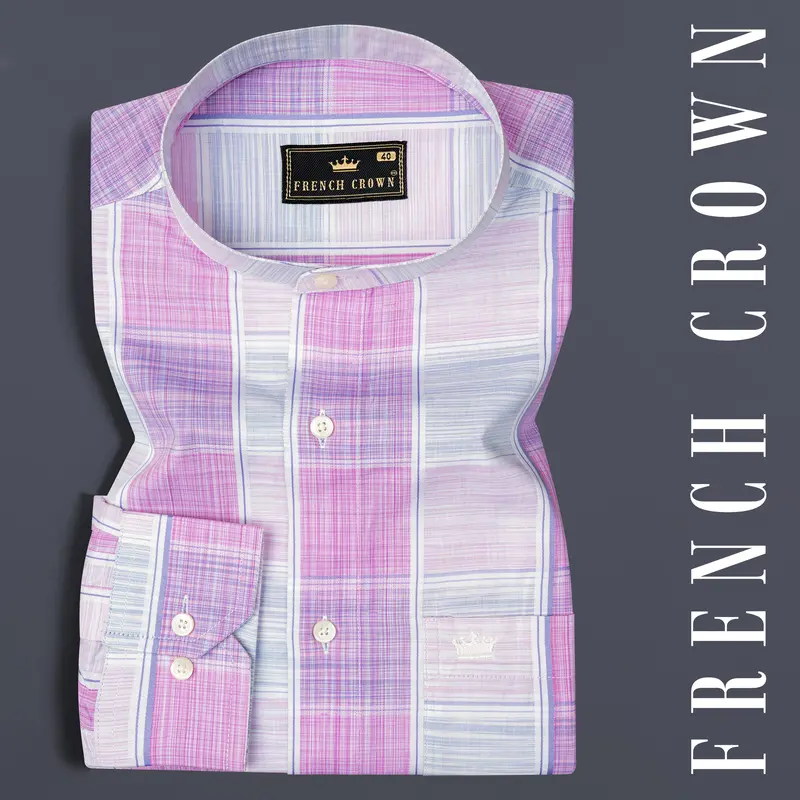 Bright White With Pale Magenta Windowpane Premium Cotton Shirt 7