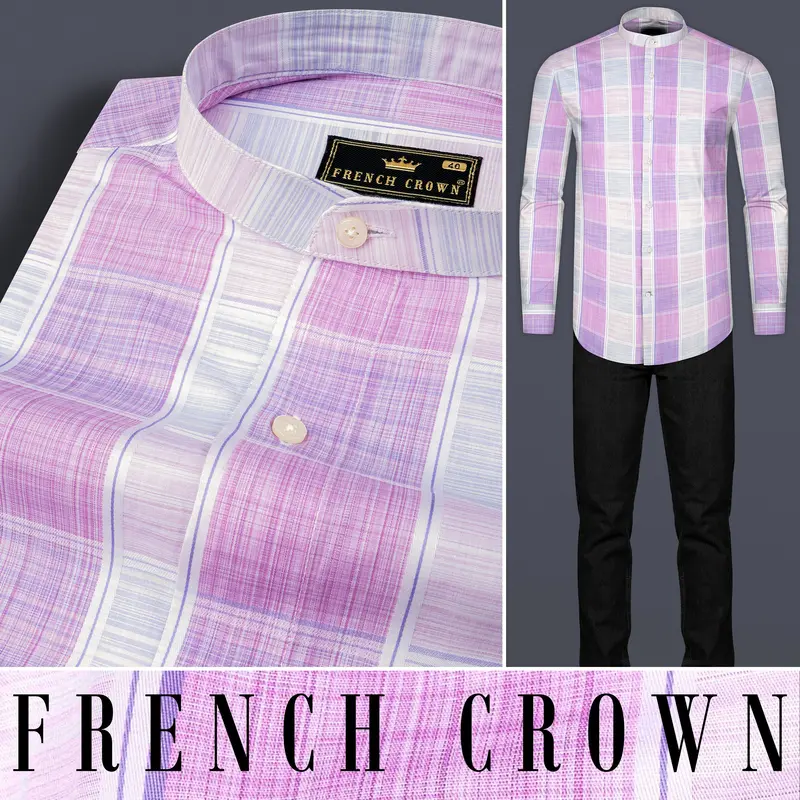 Bright White With Pale Magenta Windowpane Premium Cotton Shirt 9