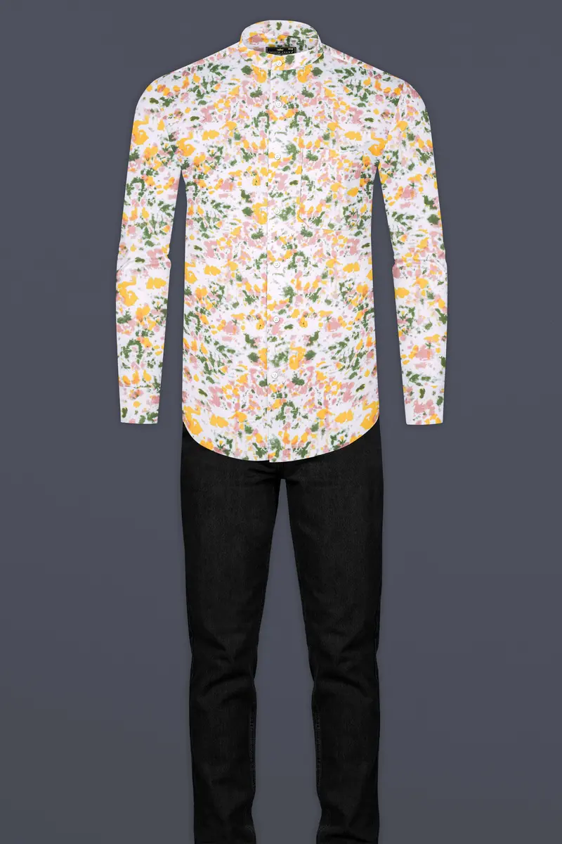 Bright White With Pale Yellow Multicolour Printed Chambray Shirt 6