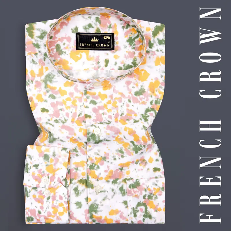 Bright White With Pale Yellow Multicolour Printed Chambray Shirt 7