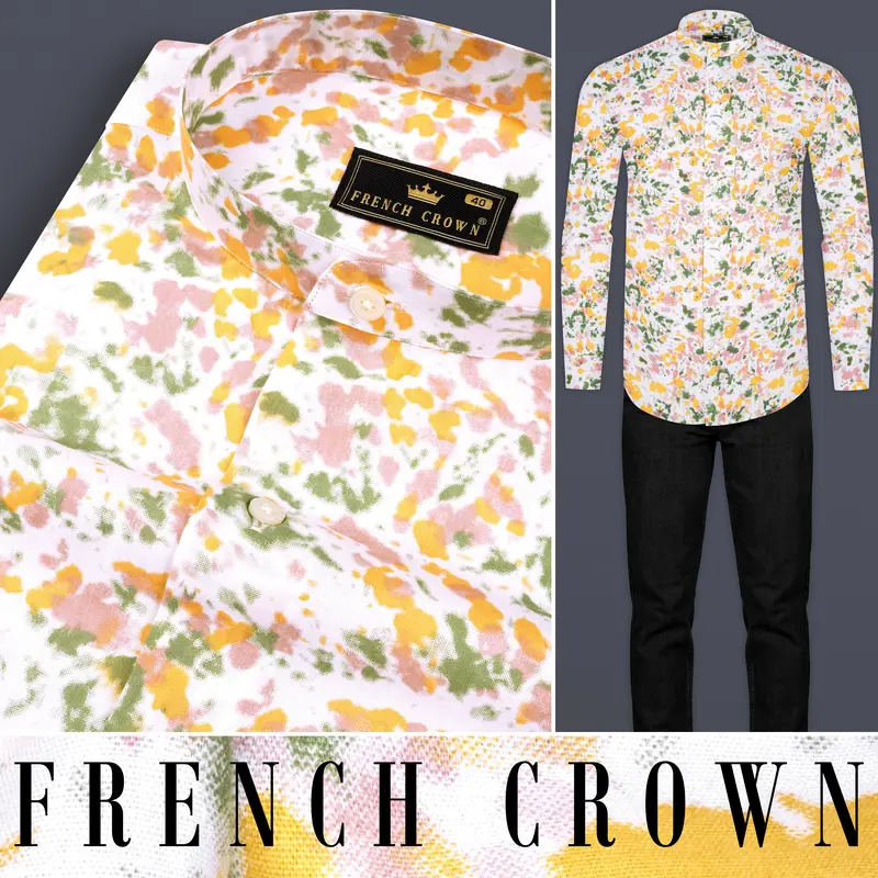 Bright White With Pale Yellow Multicolour Printed Chambray Shirt 8