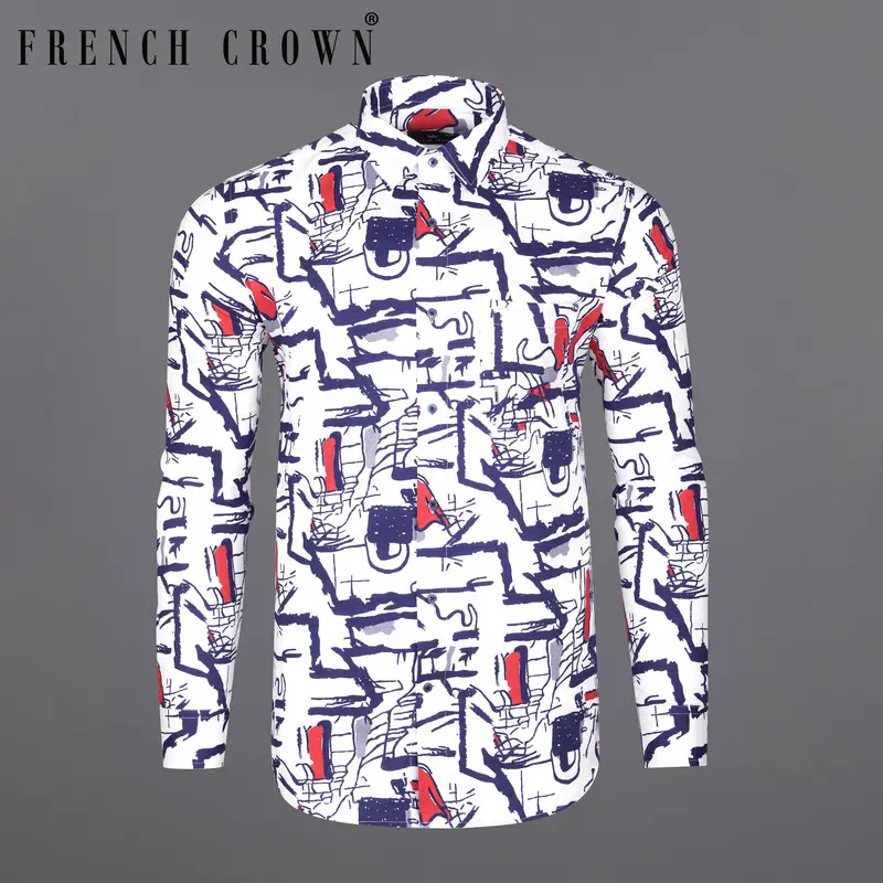 Bright White With Paris Blue Abstract Printed Dobby Textured Premium Giza Cotton Shirt 1