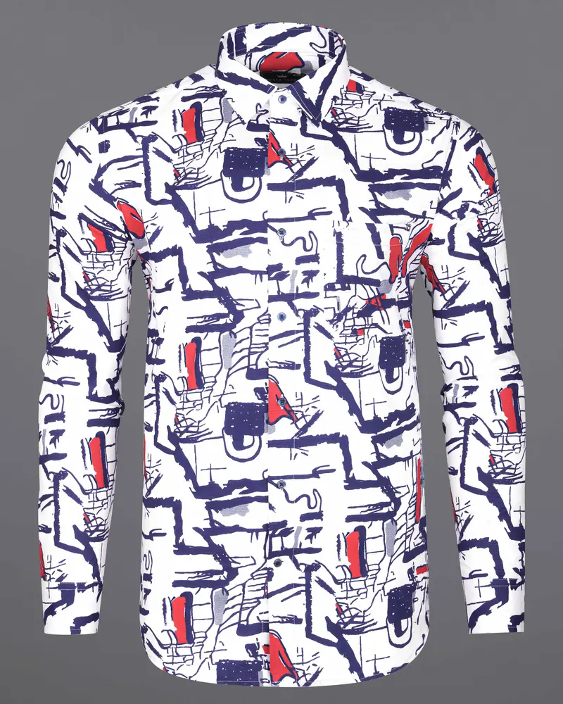 Bright White With Paris Blue Abstract Printed Dobby Textured Premium Giza Cotton Shirt 2