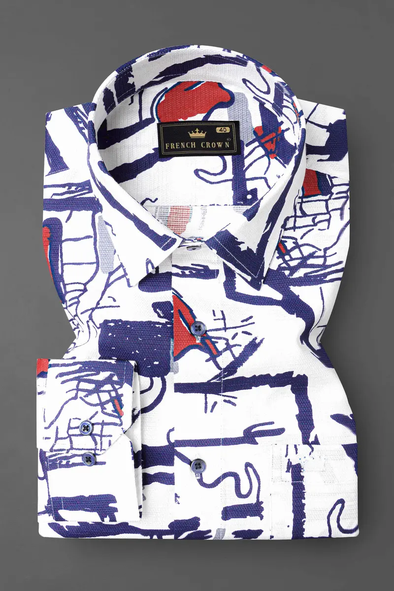 Bright White With Paris Blue Abstract Printed Dobby Textured Premium Giza Cotton Shirt 4