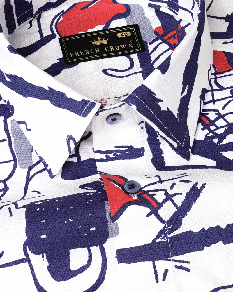 Bright White With Paris Blue Abstract Printed Dobby Textured Premium Giza Cotton Shirt 5