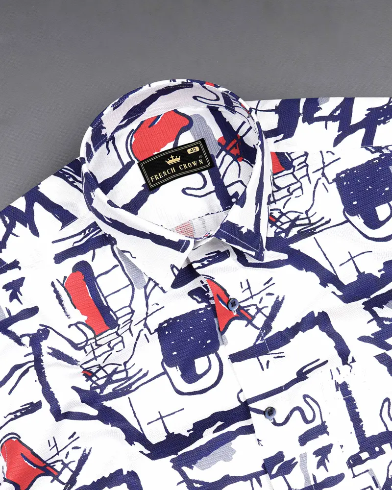 Bright White With Paris Blue Abstract Printed Dobby Textured Premium Giza Cotton Shirt 6