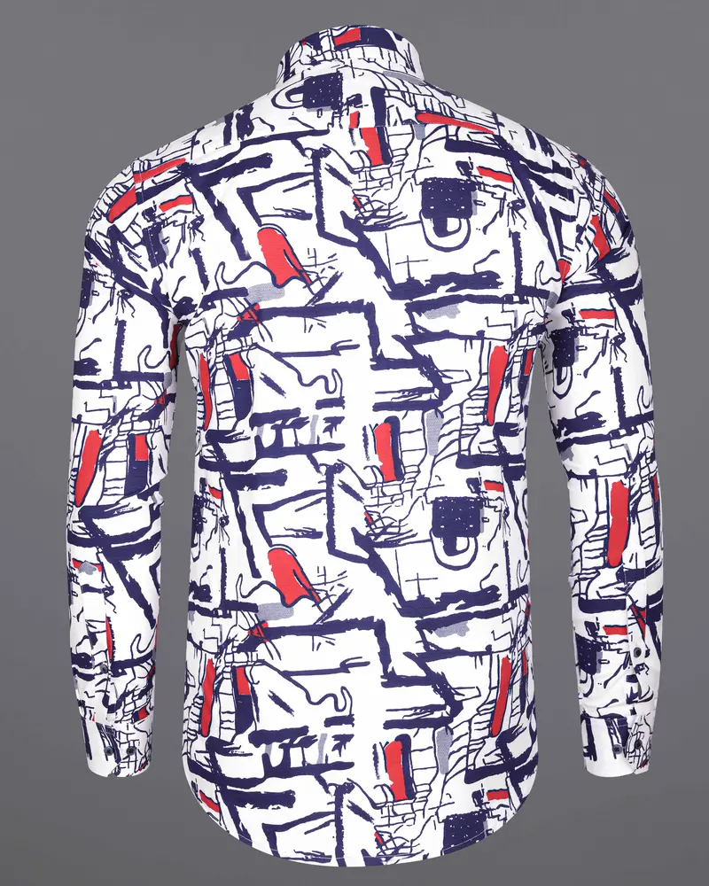 Bright White With Paris Blue Abstract Printed Dobby Textured Premium Giza Cotton Shirt 7
